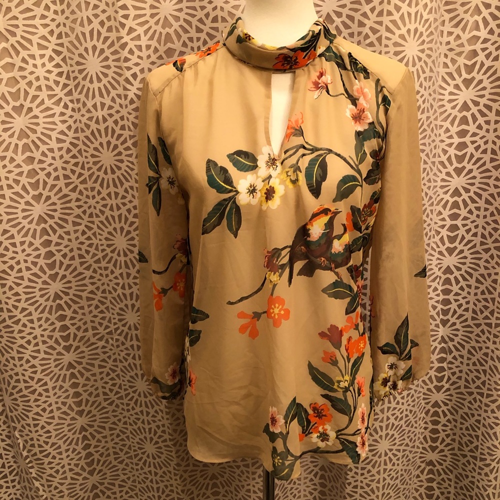 New York & Company Floral Bird Print Sheer Top - Picture 1 of 7